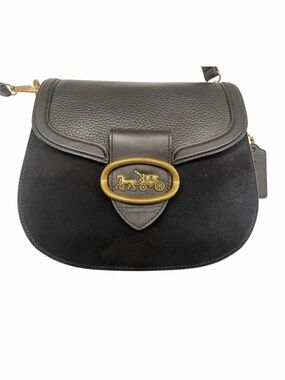 Coach Black Suede & Leather Crossbody Bag with Gold Coach Carriage Emblem